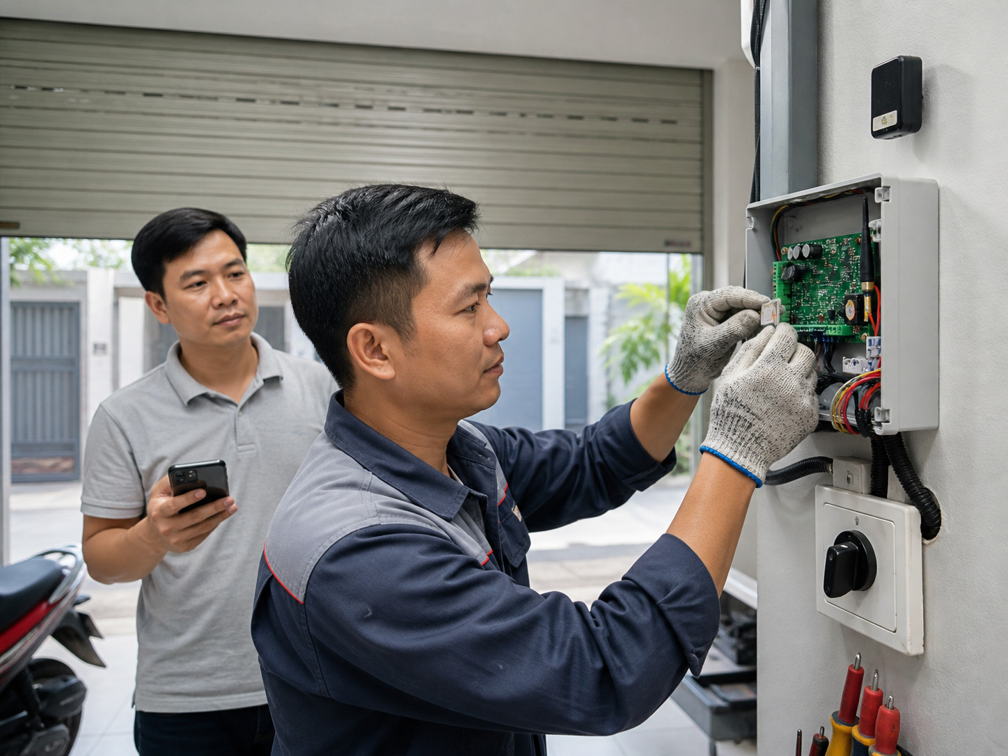 Điều khiển cửa cuốn bằng Sim