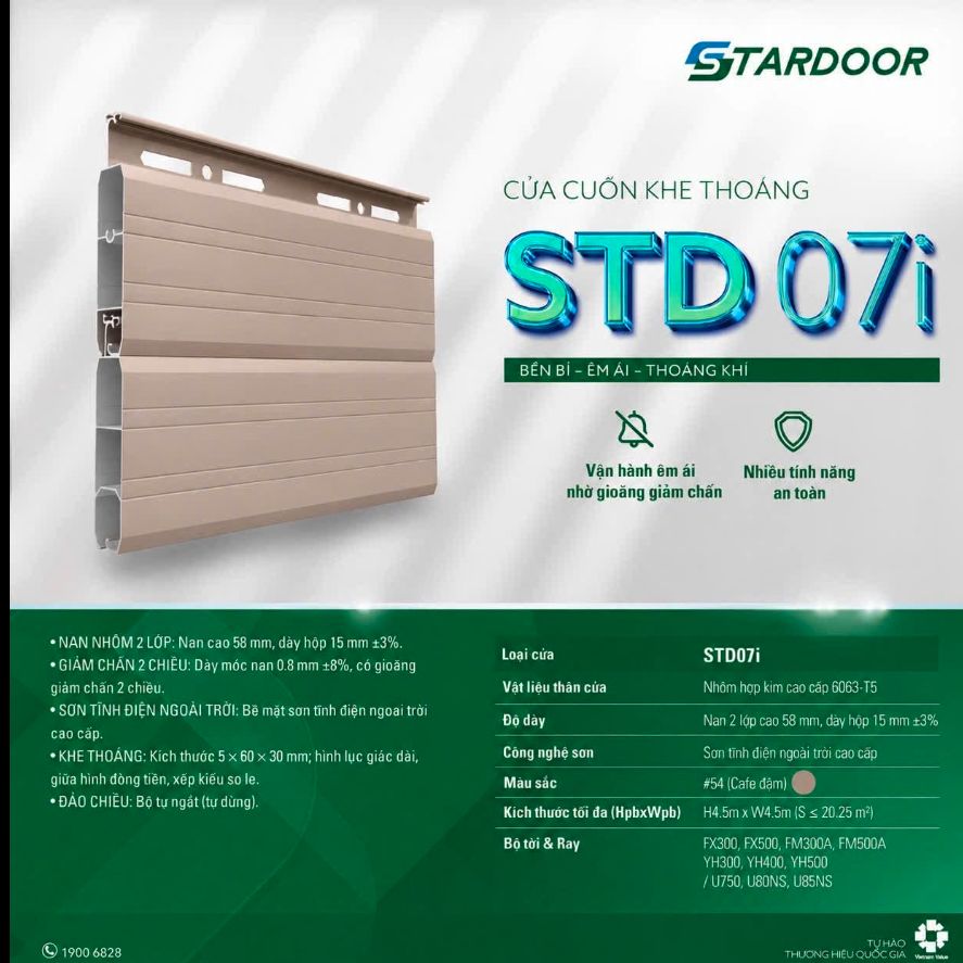 Cửa cuốn Stardoor STD07i màu cafe đậm và bảng thông số kỹ thuật