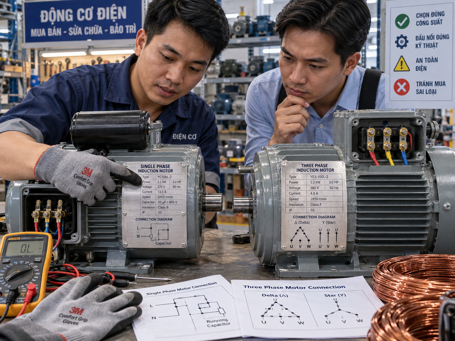 Các ký hiệu an toàn và độ bền cần kiểm tra trước khi chọn motor thay thế